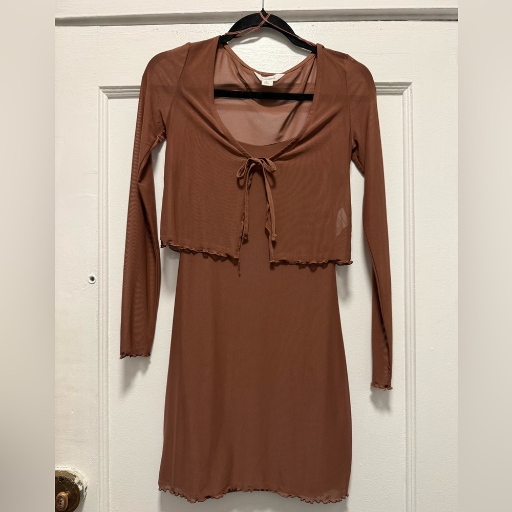Brownish-Mauve Bodycon Mini Dress with Matching Mesh Cardigan